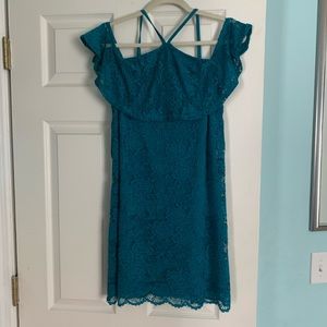 Teal lace cold shoulder dress